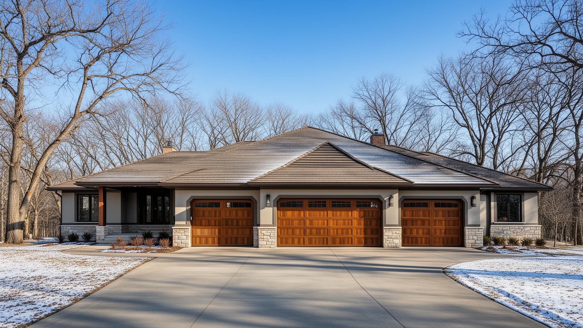 Premium insulated steel garage doors with wood overlay on a ranch style home